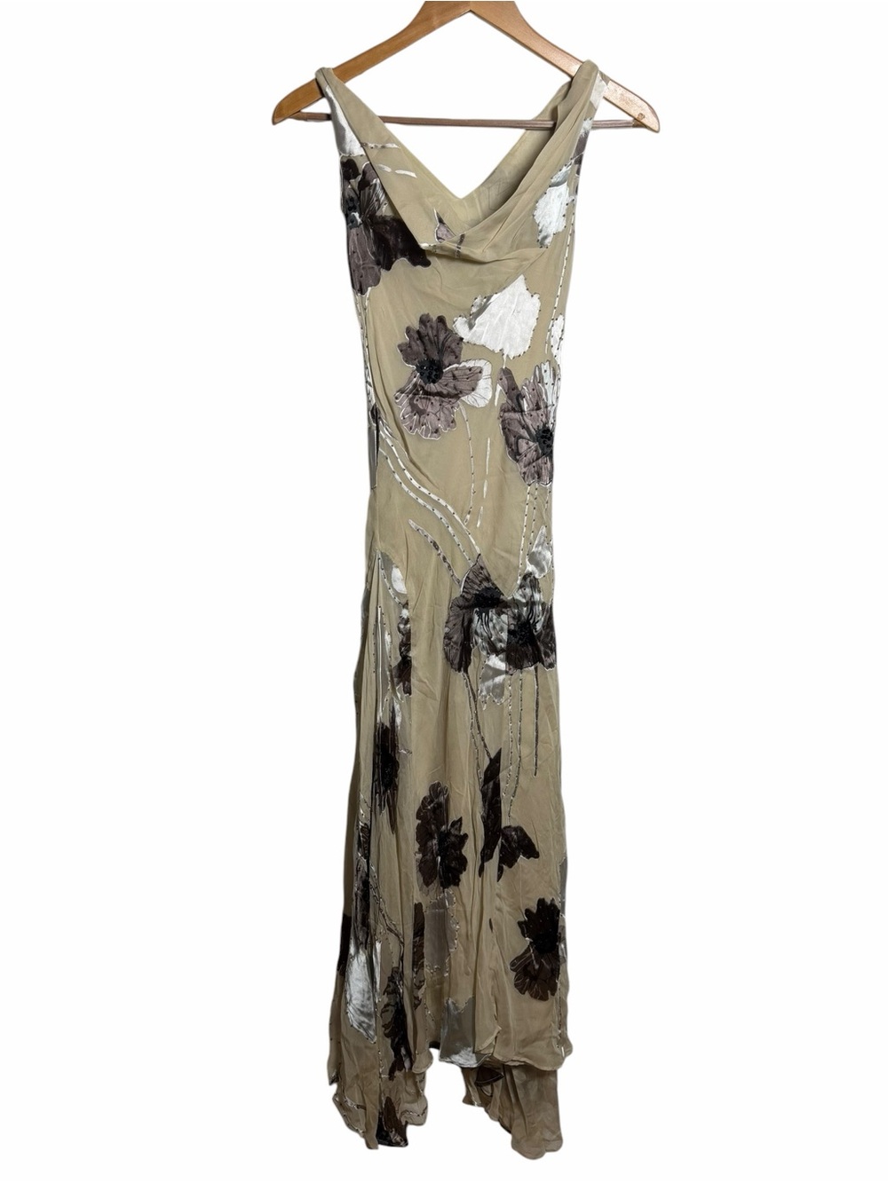 Cache Y2K Silk Floral Beaded Cowl Neck Midi Dress Fairy Grunge Size 2
